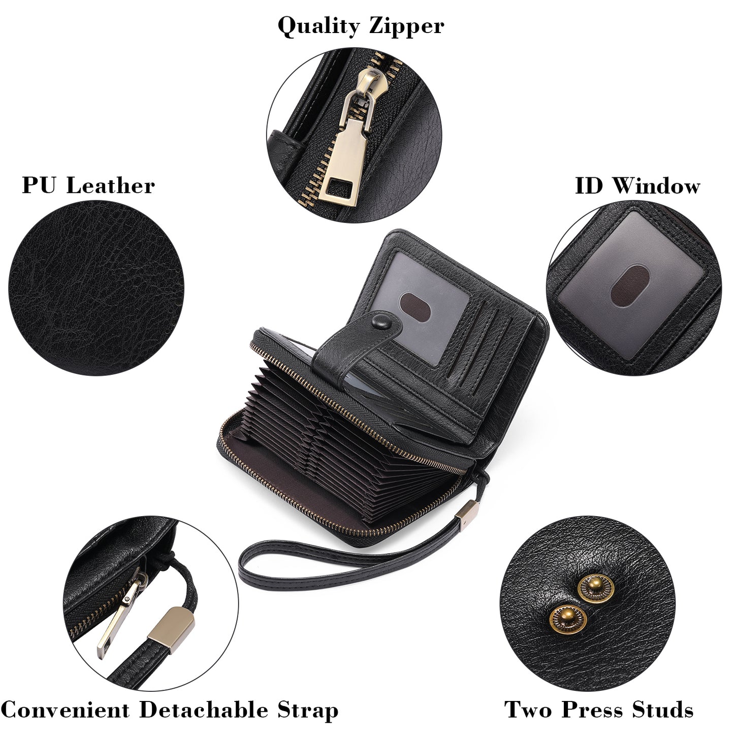 Sendefn Leather Credit Card Holder Wallet for Women RFID Blocking Bifold Zipper Card Case Organizer with Wristlet 32 Slots