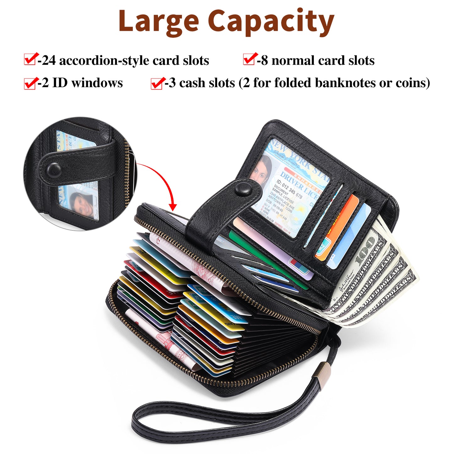 Sendefn Leather Credit Card Holder Wallet for Women RFID Blocking Bifold Zipper Card Case Organizer with Wristlet 32 Slots