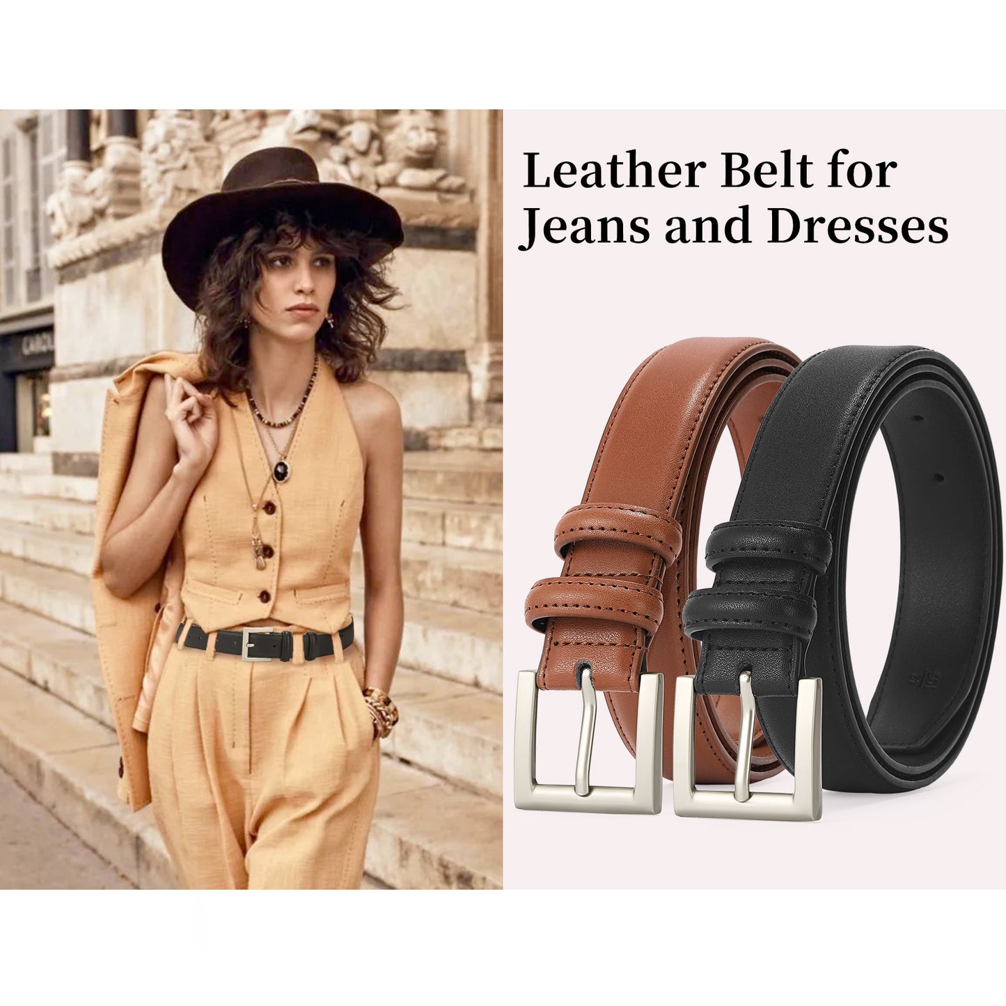 SENDEFN Women's Slim Casual Leather Belt Regular Size Polished Buckle for Jeans Pants