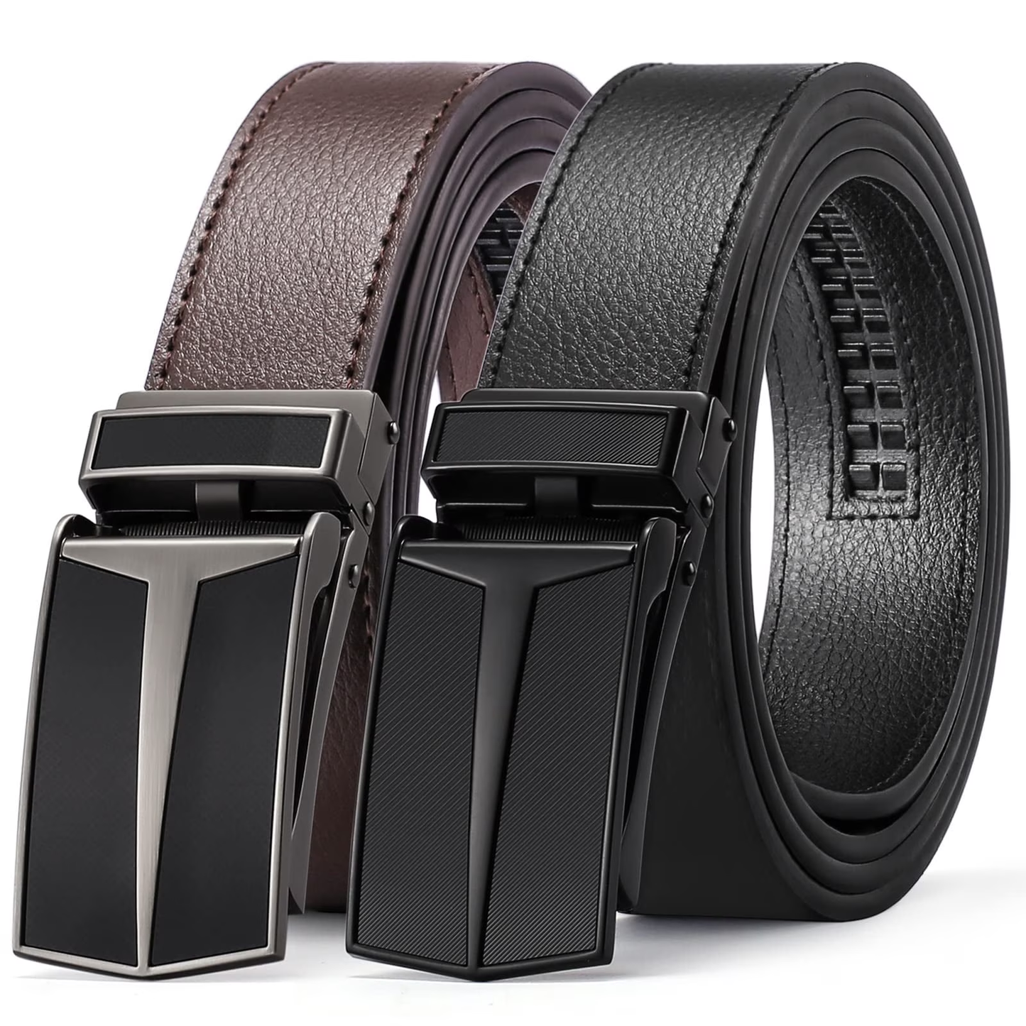 SENDEFN 2 Pack Ratchet Belt for Men,Mens Leather Belt in Gift Set Box for Dress Casual,Size Adjustable Trim to Fit