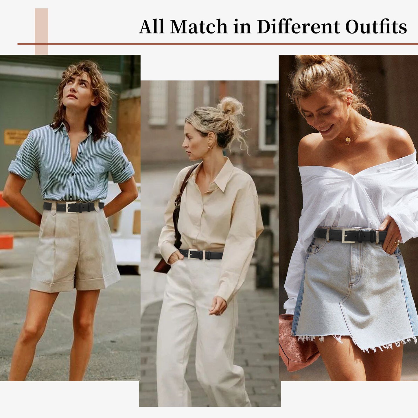 SENDEFN Women's Slim Casual Leather Belt Regular Size Polished Buckle for Jeans Pants