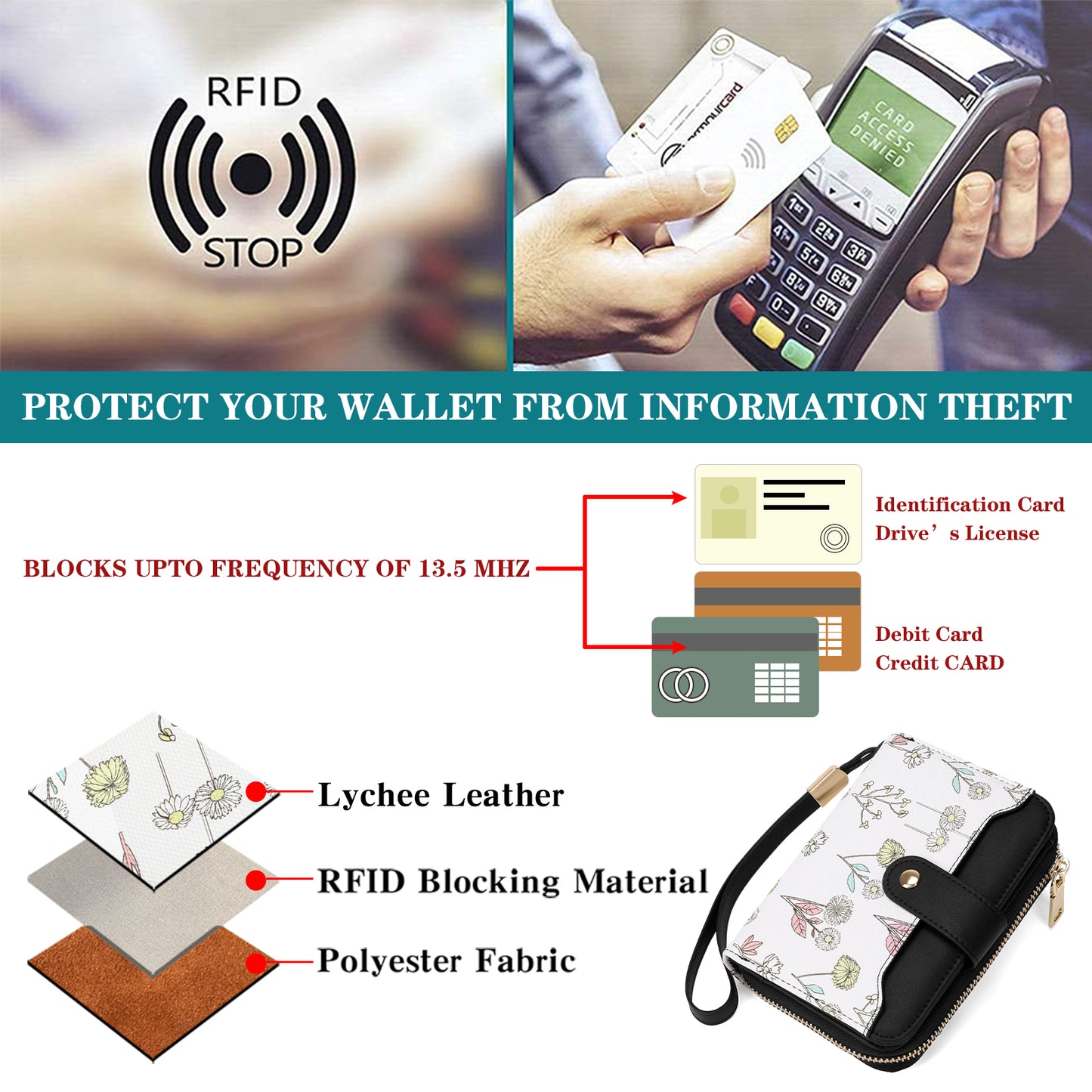SENDEFN Women Floral Flower Wallet Small Bifold Zipper Coin Pocket Purse RFID Credit Card Holder Purse with ID Windows