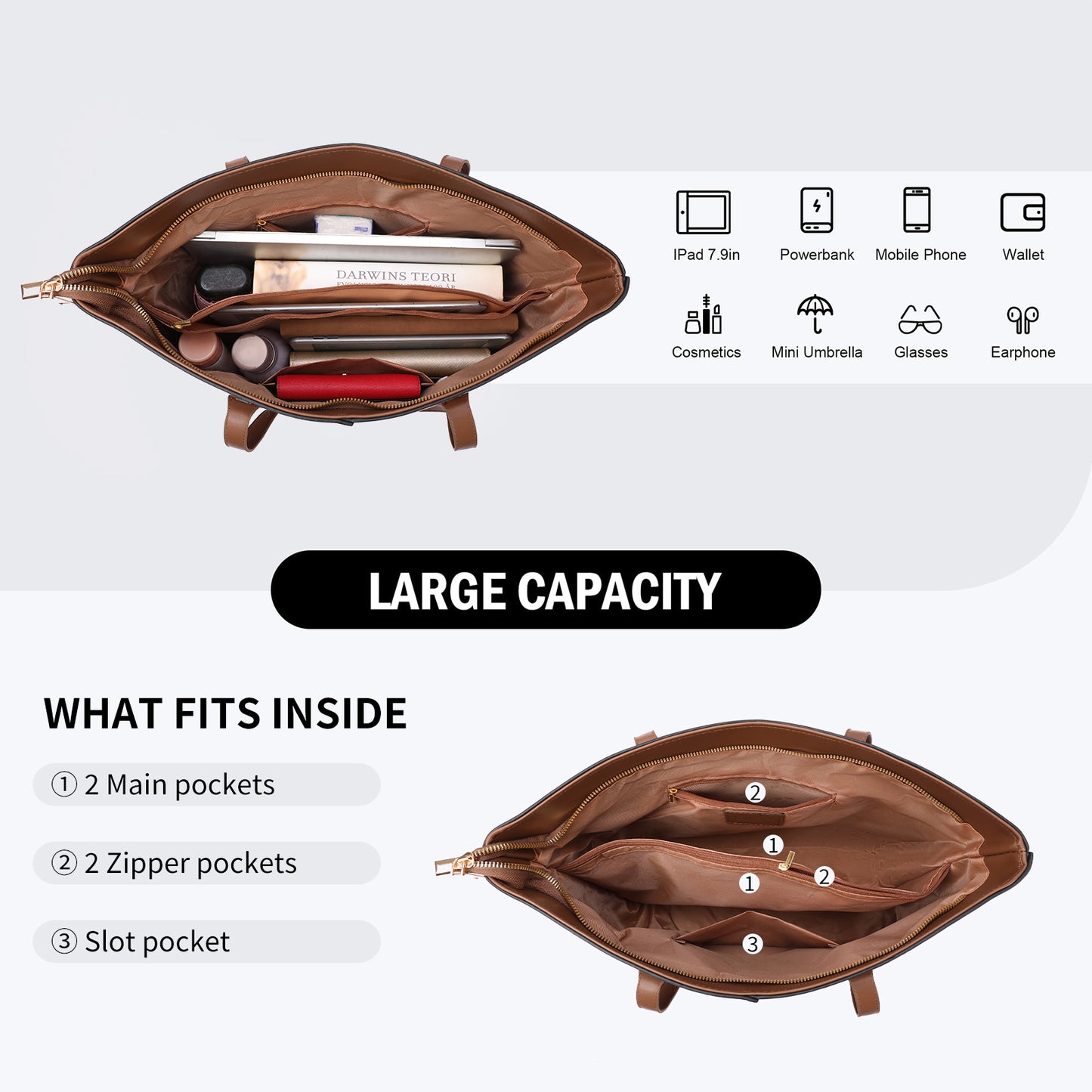 SENDEFN Tote Bags with Zipper Leather Purses and Handbags for Women Large Hobo Shoulder Bag
