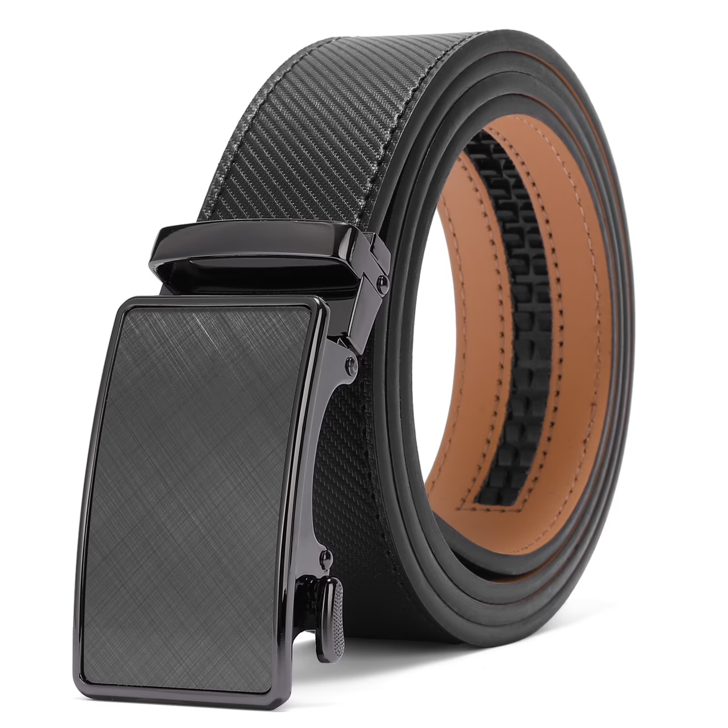 Sendefn Men's Leather Belt Automatic Ratchet Buckle Slide Belt for Dress Casual Trim to Fit with Gift Box