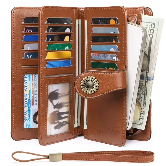 Sendefn Wallets for Women Genuine Leather Credit Card Holder with RFID Blocking Large Capacity Wristlet
