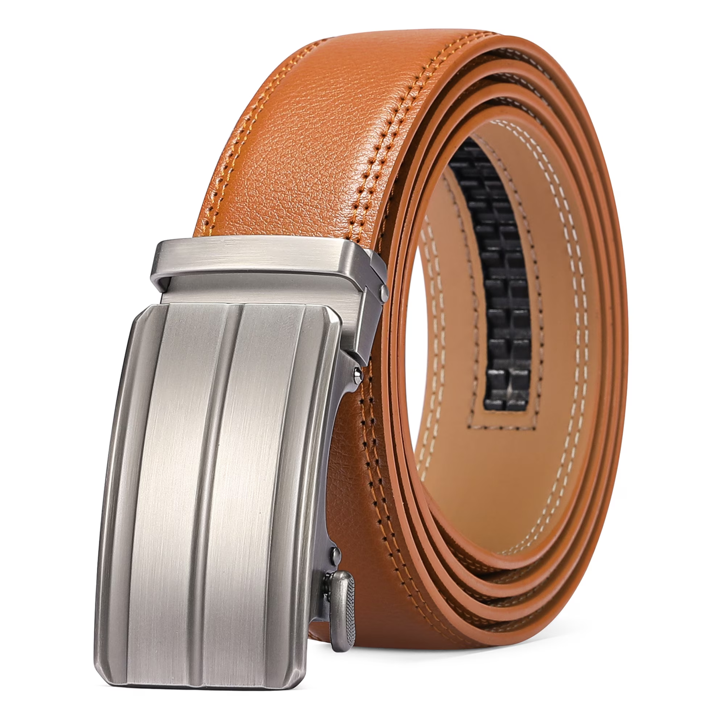 Sendefn Men's Leather Belt Automatic Ratchet Buckle Slide Belt for Dress Casual Trim to Fit with Gift Box