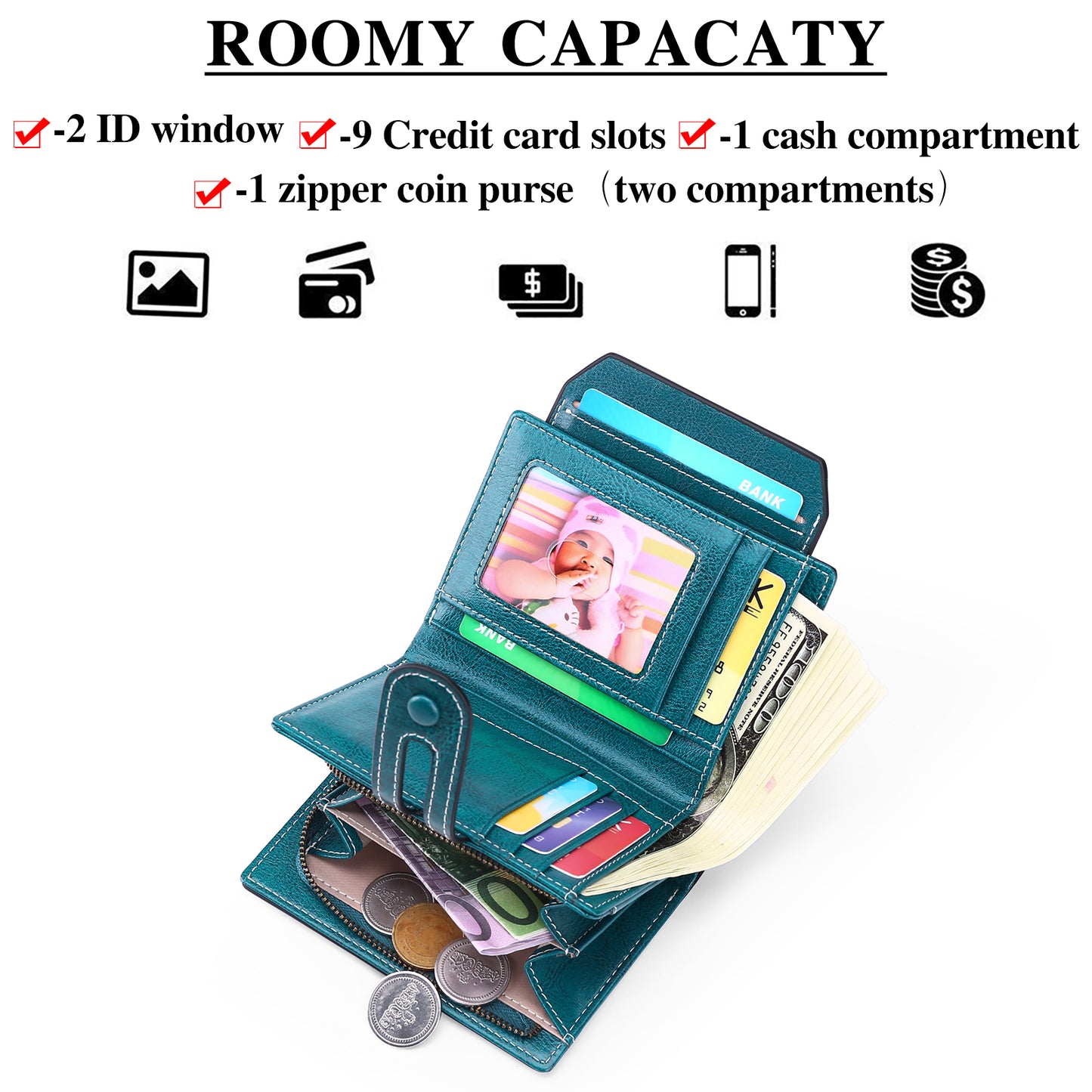 Sendefn Small Womens Wallet RFID Blocking Bifold Genuine Leather Purse with Zipper Coin Pocket ID Window