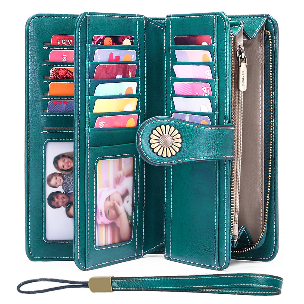 Sendefn Wallets for Women Genuine Leather Credit Card Holder with RFID Blocking Large Capacity Wristlet