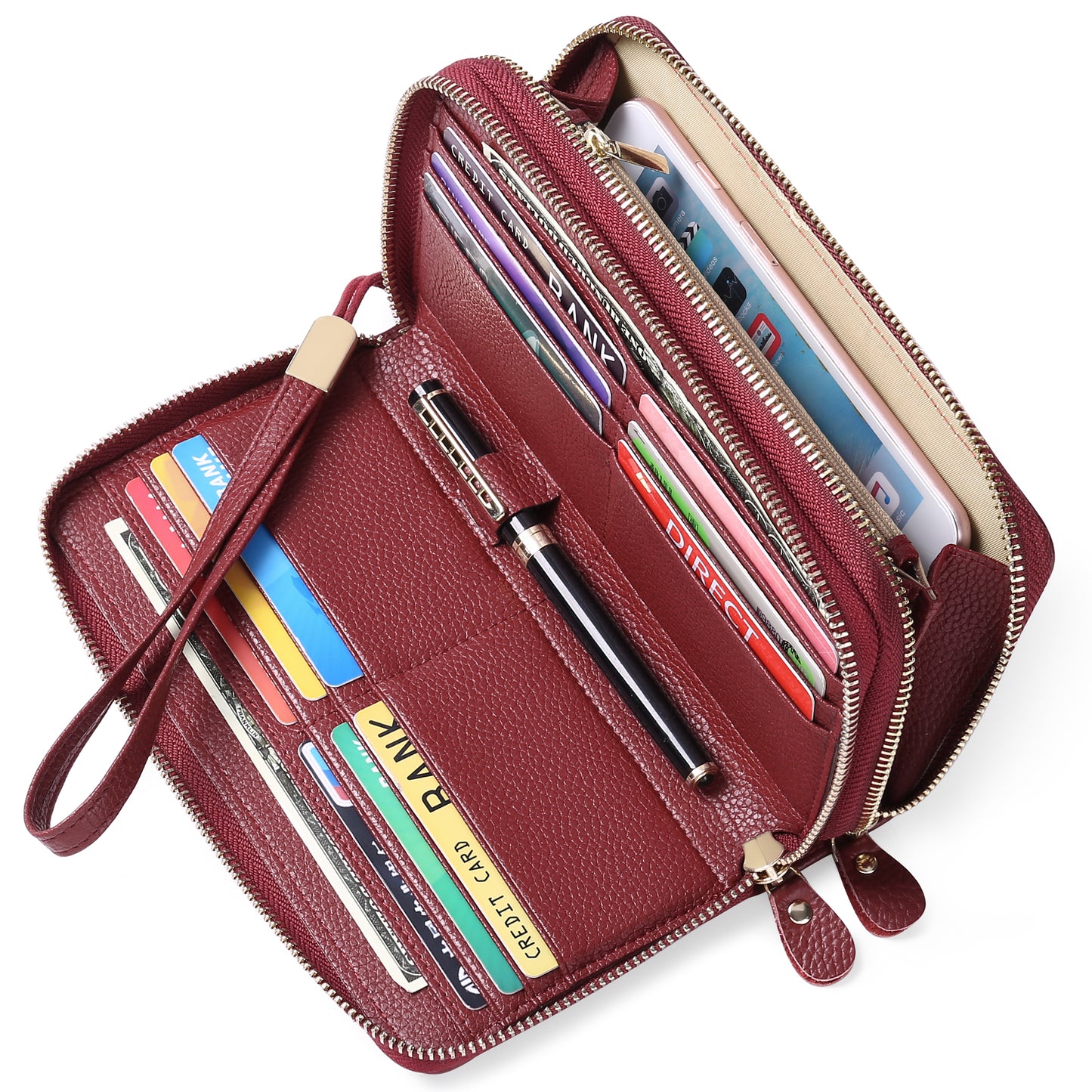 Sendefn RFID Blocking Leather Zip Wallet for Women Credit Card Cluch Holder Phone Wristlet Wallet