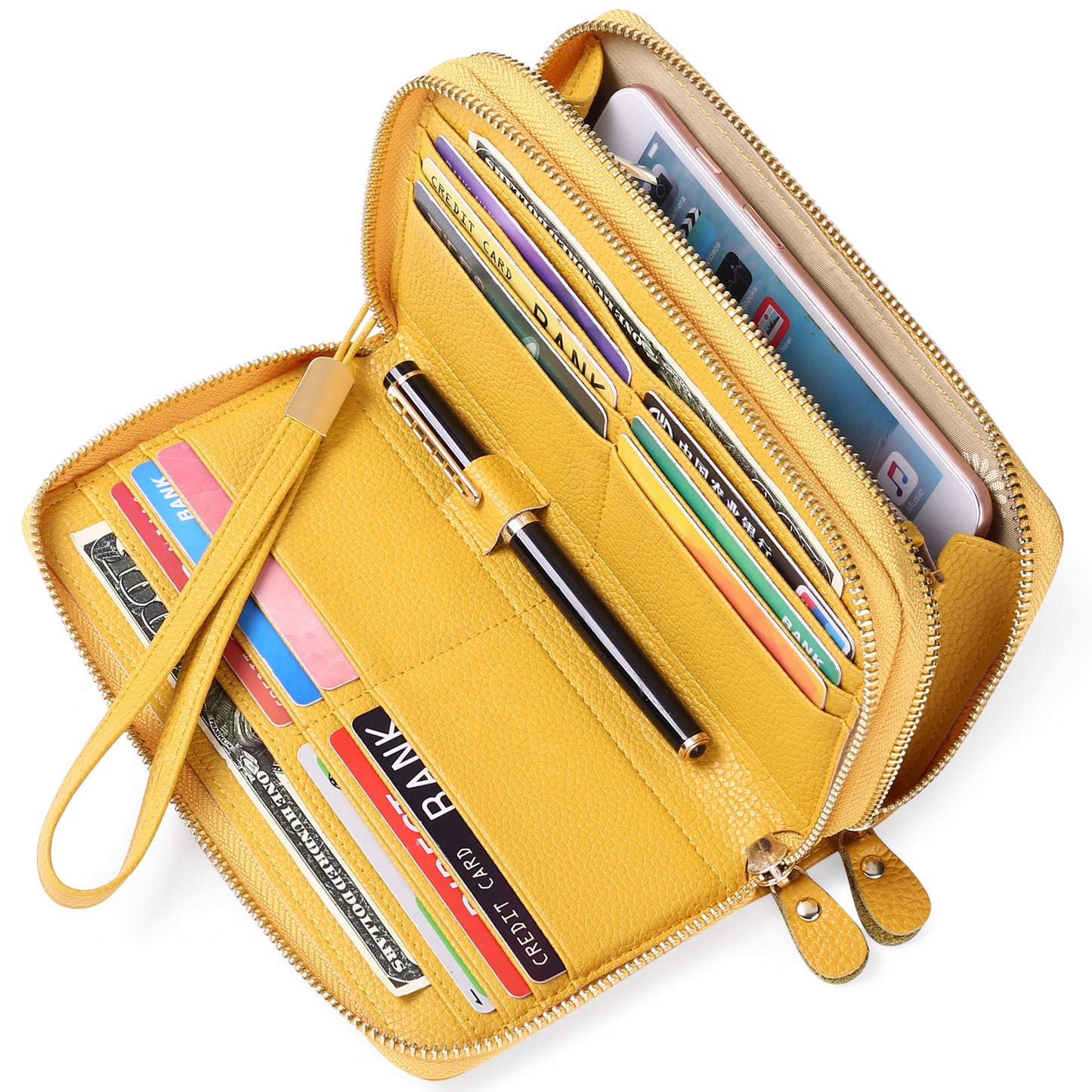 Sendefn RFID Blocking Leather Zip Wallet for Women Credit Card Cluch Holder Phone Wristlet Wallet
