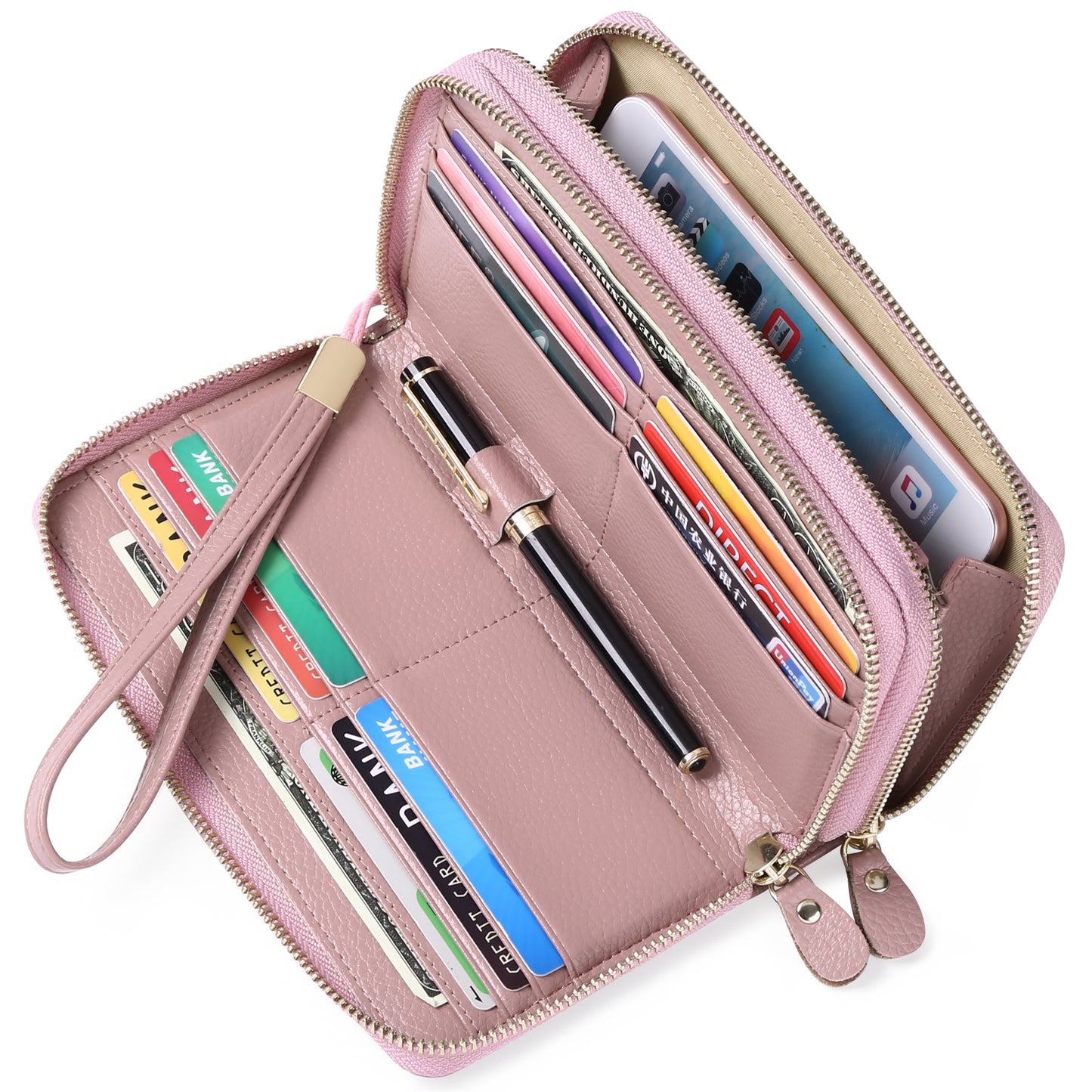 Sendefn RFID Blocking Leather Zip Wallet for Women Credit Card Cluch Holder Phone Wristlet Wallet
