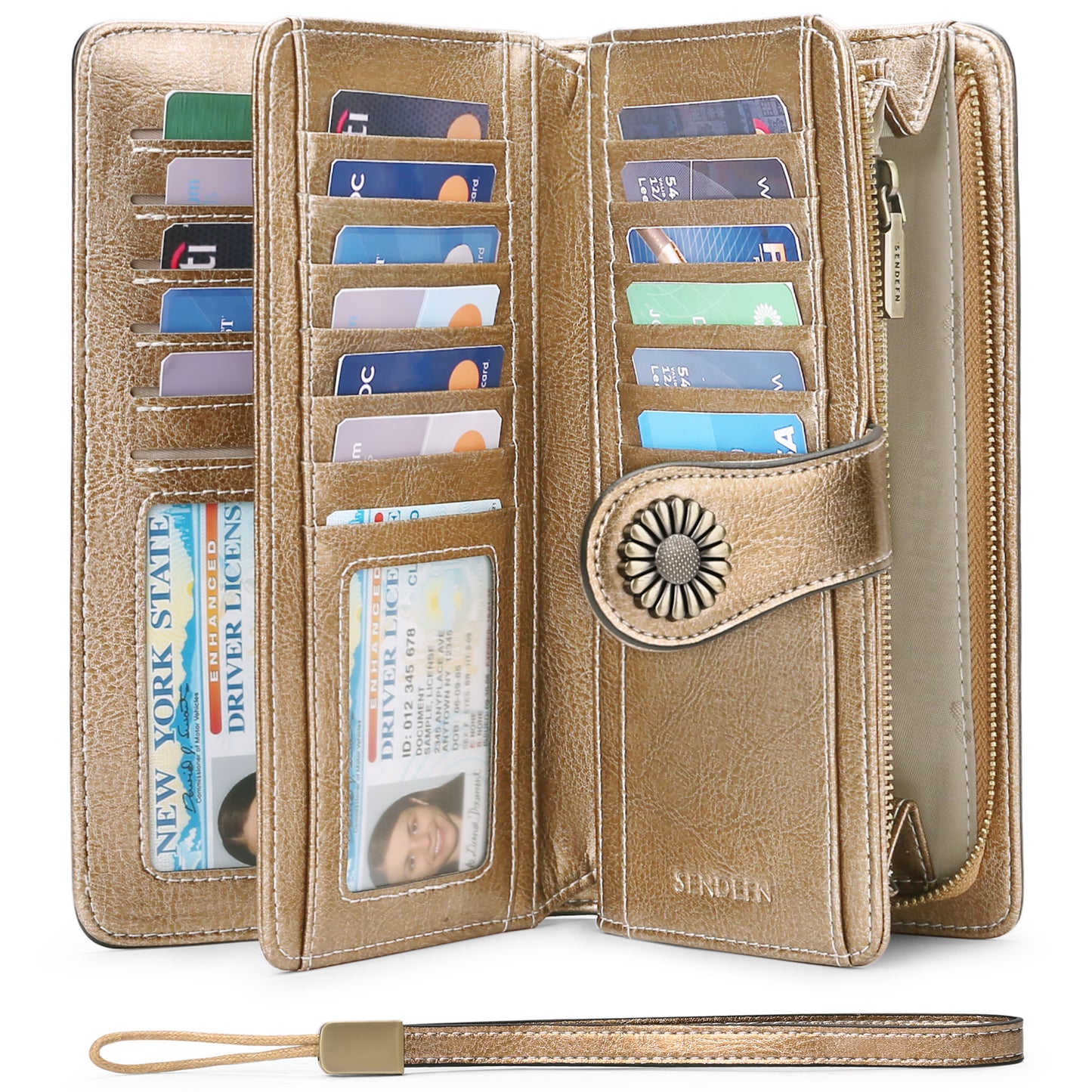 Sendefn Wallets for Women Genuine Leather Credit Card Holder with RFID Blocking Large Capacity Wristlet