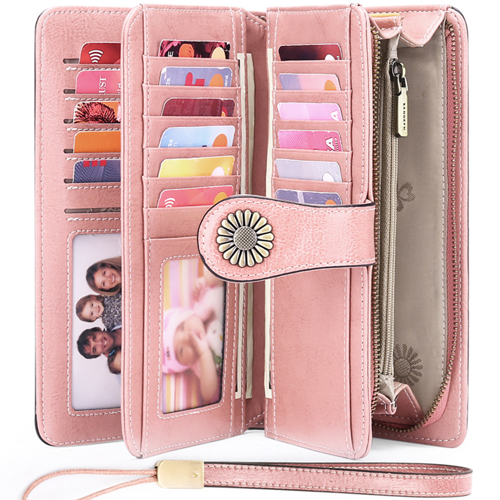 Sendefn Wallets for Women Genuine Leather Credit Card Holder with RFID Blocking Large Capacity Wristlet