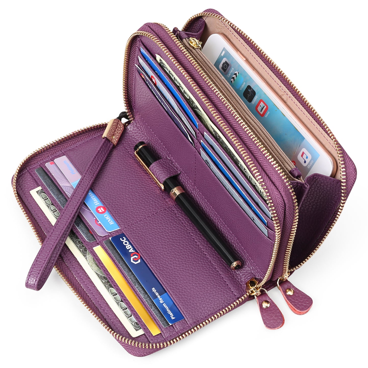 Sendefn RFID Blocking Leather Zip Wallet for Women Credit Card Cluch Holder Phone Wristlet Wallet