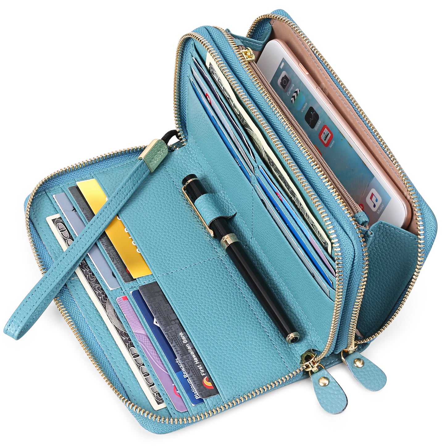Sendefn RFID Blocking Leather Zip Wallet for Women Credit Card Cluch Holder Phone Wristlet Wallet