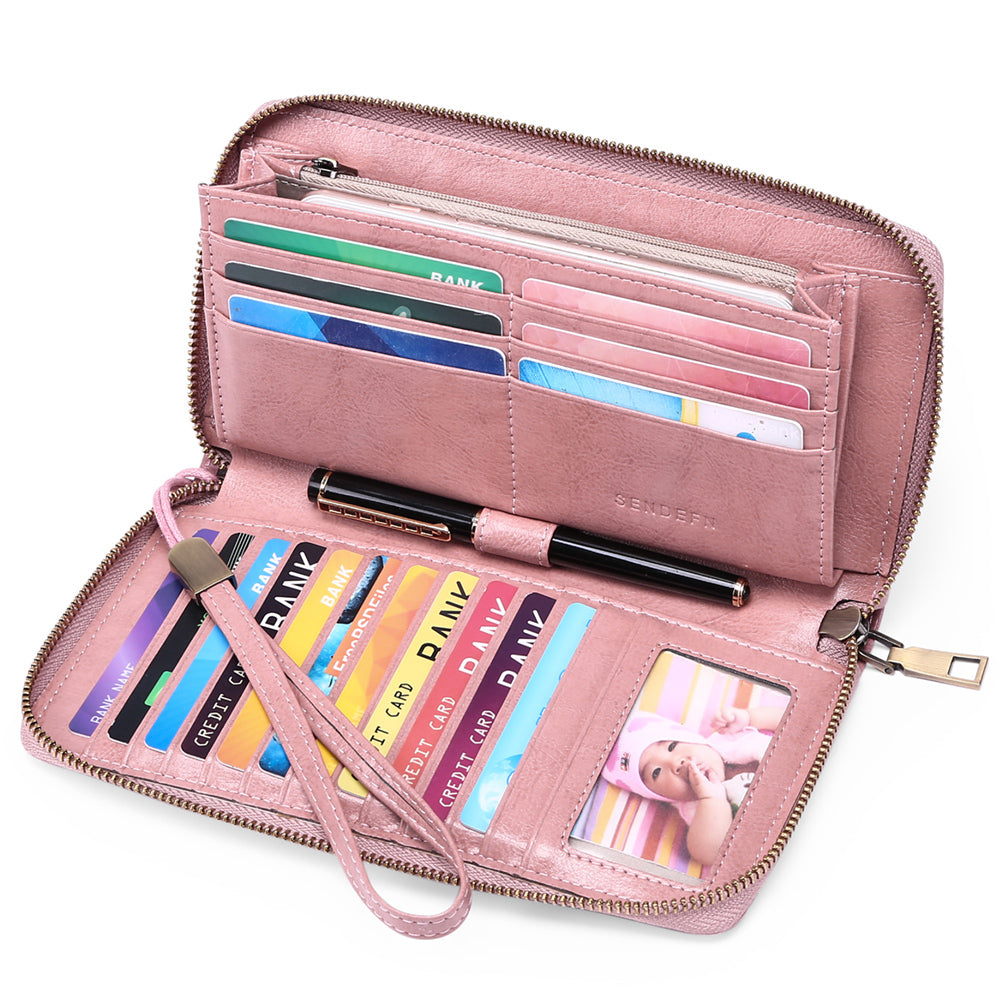 Sendefn Women Leather Wallets RFID Blocking Zip Around Credit Card Holder Phone Clutch