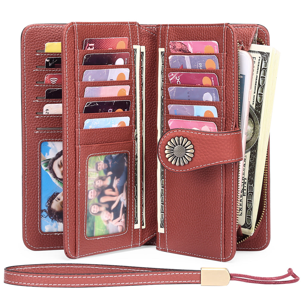Sendefn Wallets for Women Genuine Leather Credit Card Holder with RFID Blocking Large Capacity Wristlet