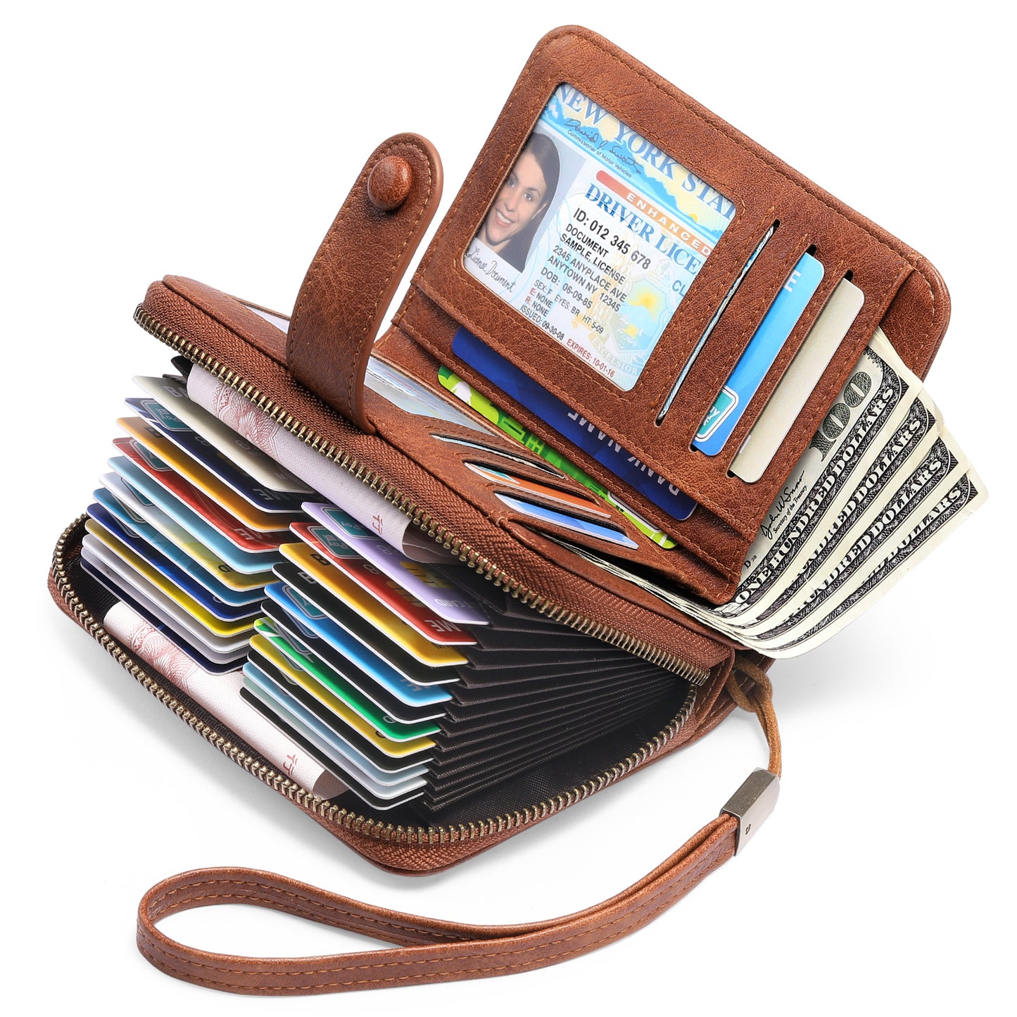 Sendefn Leather Credit Card Holder Wallet for Women RFID Blocking Bifold Zipper Card Case Organizer with Wristlet 32 Slots