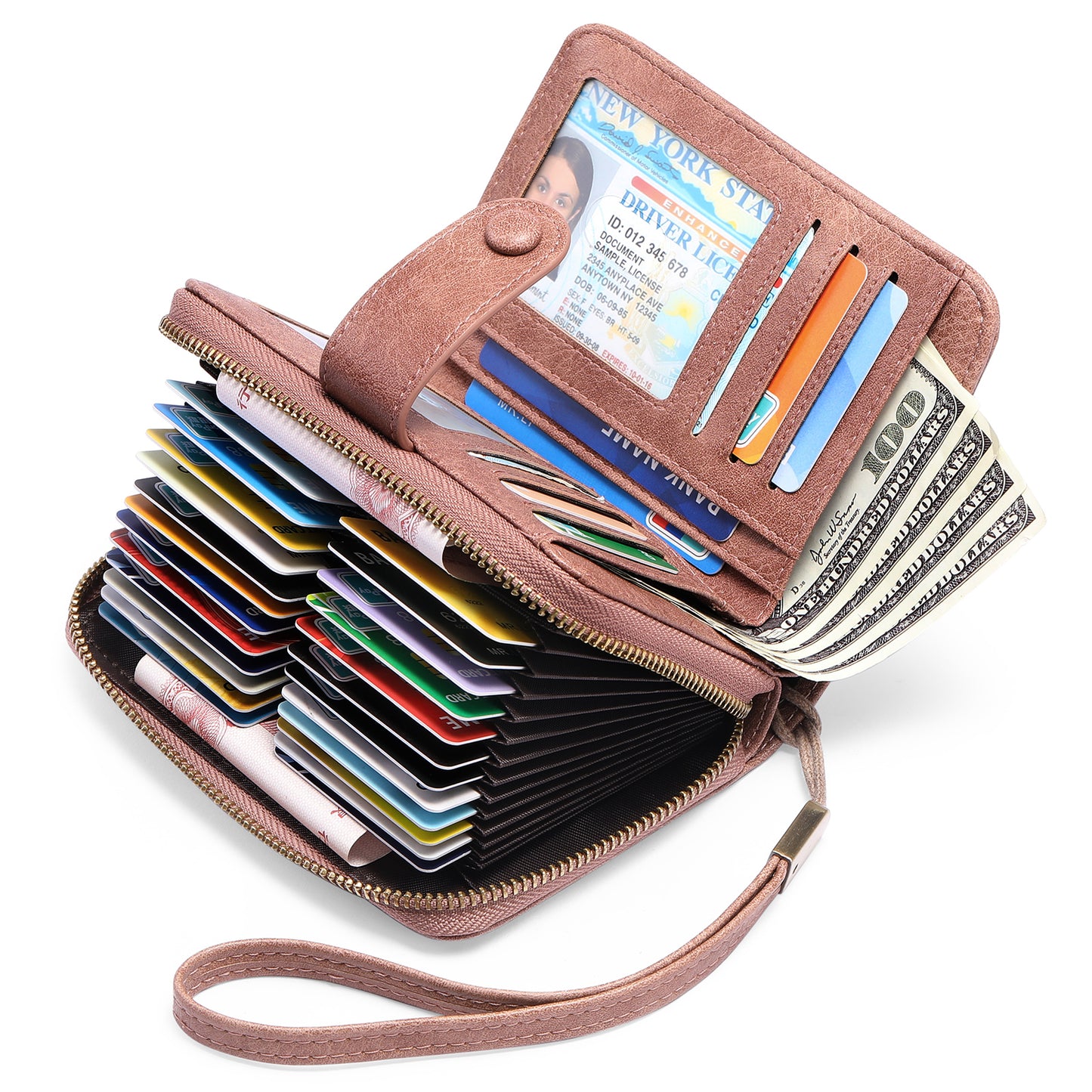 Sendefn Leather Credit Card Holder Wallet for Women RFID Blocking Bifold Zipper Card Case Organizer with Wristlet 32 Slots